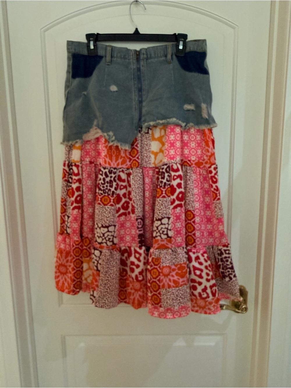 POL Pink and Orange Patchwork Boho Tiered Maxi Skirt with Denim Waist